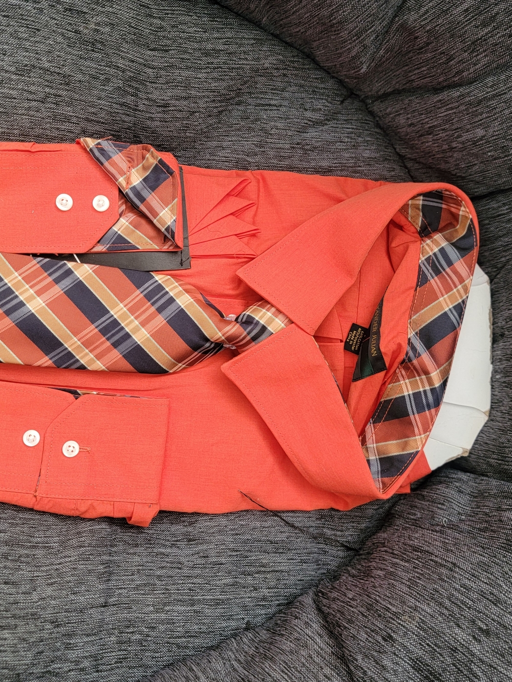Men's Coral Dress Shirt with Plaid Trim